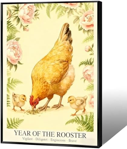 Chinese Lunar Year of the Rooster Art Print – Oriental Home Decor with Pink Peony Zodiac Vigilant Diligent Enthusiastic Brave Wall Art for Living Room Bedroom and Office 16X24 in Wrapped Framed by Unknown