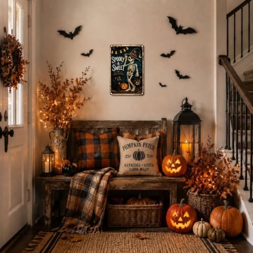 Vintage Metal Tin Sign Halloween Skeleton Witch Black Cat Pumpkin Vintage Wall Art for Porch Bar 12×16 Inches with Metal Frame - Image 3
