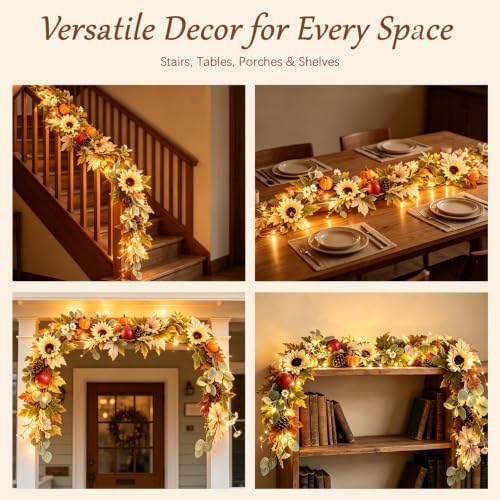 6FT Fall Garland with Lights, Sunflower Pumpkin Daisy Grapevine Lamb Ear Leaves, Thanksgiving Autumn Harvest Home Decor for Mantle Porch Table Centerpiece - Image 7
