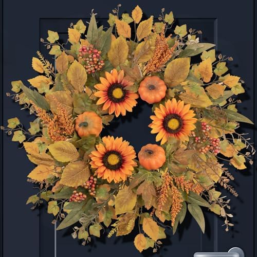 Eucalyptus Wreaths for Front Door 24 Inch Wreath with Artificial Pumpkin Sunflower Fall Leaves Front Door Wreath Decorations Porch Farmhouse Outdoor Indoor All Seasons Home Hanging Decor by JDKPK