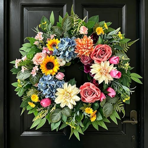 Summer Wreaths for Front Door, 24 Inch Artificial Spring and Summer Wreath with Peonies, Early Summer Chrysanthemums, Hydrangeas, Roses, Sunflowers, and Tulips, Decor for Indoor Outdoor by Unknown