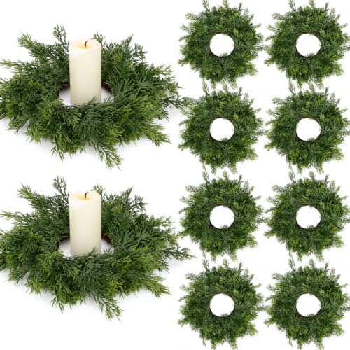 8 PCS Christmas Candle Rings Wreath Artificial Green Norfolk Cedar Mini Candle Ring Holder Small Wreaths for Xmas Cabinets Kitchen Windows Home Wedding Table Centerpiece Door Window Chair Wall by Unknown