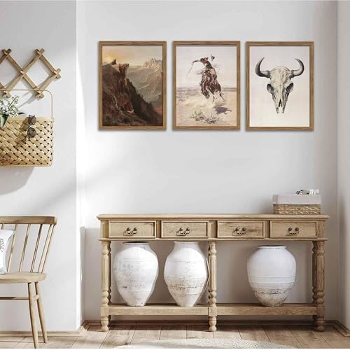 Western Cowboy Wall Art Set of 3, Vintage Southwestern Cowboy Wall Decor Paintings, Western Longhorn Bull Posters Prints Pictures for Bedroom Living Room Farmhouse Decor 12x16 Inch Wood Framed - Image 2