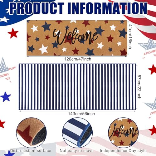Tinideya 2 Pcs Doormat 17"x47" Mat 22"x56" Mat, 4th of July, Blue - Image 2
