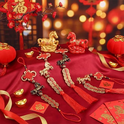 2026 Chinese New Year Horse Charms Lucky Horse Charms with Feng Shui Coins Red Hanging Tassels Ornaments Chinese Knot New Year Decorations for Home Wealth Success Good Luck (12) - Image 3