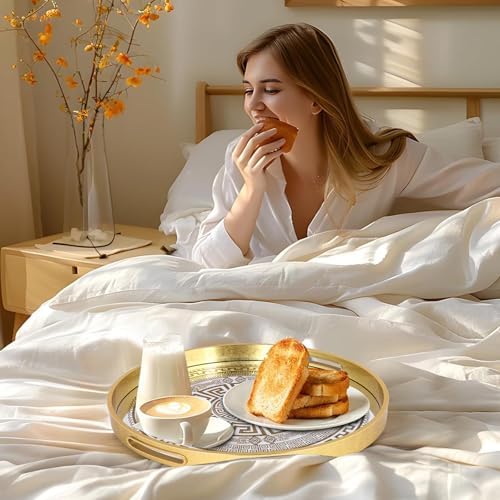 HOME ARCHIVE Round Serving Tray with with Handles Antique Look & Stylish Design Decorative Trays for Kitchen Round Ottoman Tray for Dinning Living Room & Home Decor Pack of 2 (Gold) - Image 5