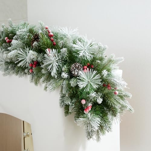 9ft Artificial Christmas Snow Garland with 50 Clear Lights, Pulg in, Pine Cone, Red Berry Battery Powered String Light for Outdoor Indoor, Home Decoration Mantle Stairs Railing Fireplace Door by INSTREECHRISTMAS