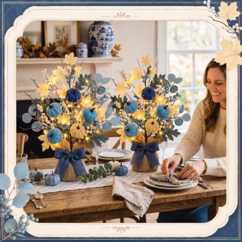 Yinder 2 Pack 18" Blue White Fall Pumpkin Tree with LED Lights Decor - Image 5