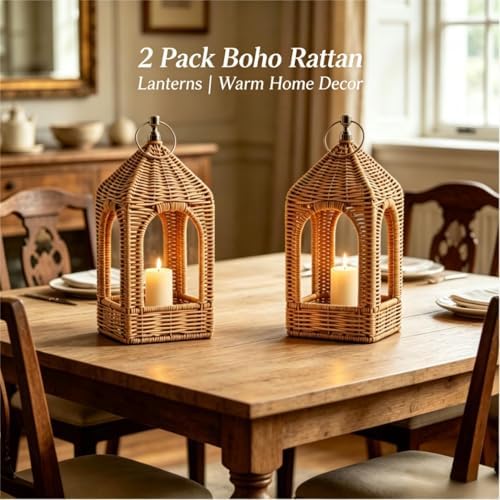 2 PCS Handmade Artificial Rattan Candle Lantern, Boho Woven Decor for Indoor Outdoor Patio Garden Wedding Home - Image 4