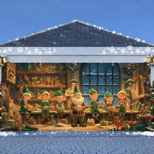Santa's Workshop Christmas Garage Door Banner 7x16FT, Santa and Elves Holiday Scene, Large Outdoor Xmas Decoration for Garage Doors, Large Garage Cover for Christma - Image 2