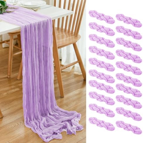20 Pack Lavender Cheesecloth Table Runner 17x108 Inch Boho Wrinkled Sheer Gauze Cheese Cloth Table Runner Bulk Decor for Wedding, Bridal Shower, Birthday Party by Dspoot