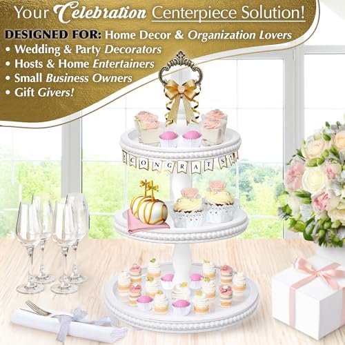 [3-in-1] Wooden Tiered Tray Stand - Beaded 3 Tiered Tray Decor Wood Cupcake Stand for Farmhouse Country Rustic Home - 3 Tier Stand [with 3 Changeable Handles] by Felt Creative Home Goods (White) - Image 6