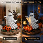 Solar Halloween Ghost Figurine Light, Lighted Resin Ghost Statue with Lantern and Pumpkins, Outdoor Garden Decor for Porch, Yard and Patio, Seasonal Landscape Decoration - Image 3