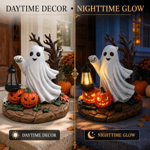 Solar Halloween Ghost Figurine Light, Lighted Resin Ghost Statue with Lantern and Pumpkins, Outdoor Garden Decor for Porch, Yard and Patio, Seasonal Landscape Decoration - Image 3