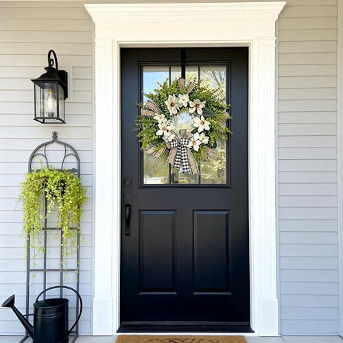 24 Inch Artificial Magnolia Wreath for Front Door – Farmhouse Boxwood Greenery Wreath with Buffalo Plaid Bow, Year-Round Rustic Home Wall Decor for Porch, Entryway, Living Room - Image 4