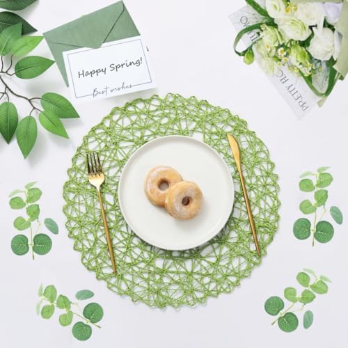 IcosaMro Round Woven Placemats Set of 12 for Dining Table, 15 Inches Paper Boho Decorative Circle Place Mats for Wedding Christmas Thanksgiving Day Holiday Dinner (Green) - Image 2