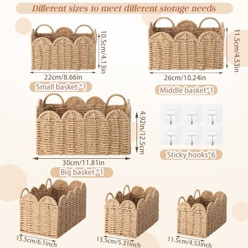 3 Pcs Wall Hanging Baskets,Scalloped,Natural Tan,Paper Cord - Image 2
