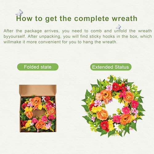 zjlmit 20 Inch Spring Wreath for Front Door, Artificial Silk Flower Wreath on Grapevine Base with Orange Rose-Style Blooms, Multicolor Floral Accents and Greenery, Indoor Wall Entryway Decor - Image 6