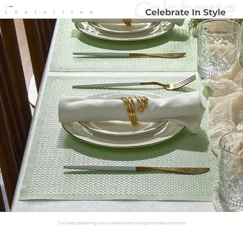 Leetaltree Woven Vinyl Placemats Set of 12, Crisp Green Sequin - Image 3