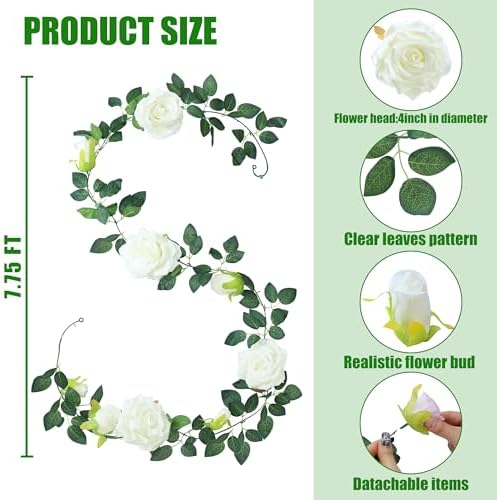 Sggvecsy 6Pcs 46.5Ft Artificial Rose Vine Fake Flower Garland Floral Garland Faux Silk Hanging Vine Rose Ivy Vines for Wedding Arch Party Wall Garden Ceremony Background Outdoor Decor (White) - Image 6