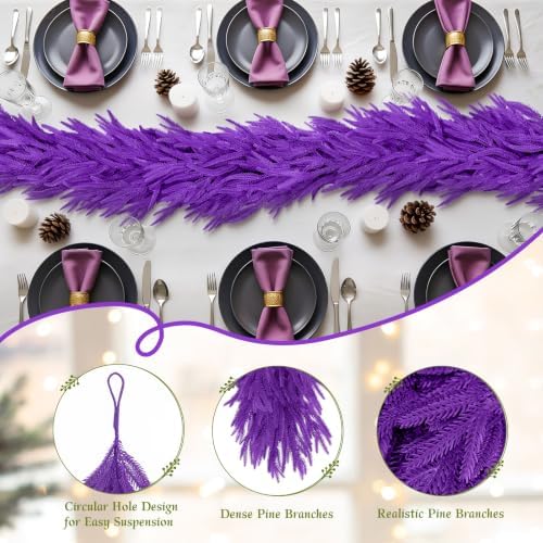N&T NIETING 9FT Christmas Norfolk Pine Garland Real Touch Artificial Christmas Purple Xmas Garland for Mantle, Table Holiday Fireplace Staircase Indoor Outdoor Halloween Christmas Decorations - Image 3
