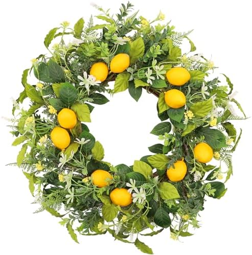 22 Inch Summer Lemon Greenery Wreath, Artificial Wreath with Yellow Lemons and Mixed Foliage, Farmhouse Front Door Wreath for Porch Wall Decor, Spring Summer Home Decoration by Unknown