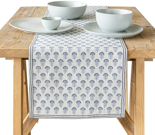 Over&Back 18x90 Hand-Blocked Printed Cotton Table Runner - Washable Table Runners for a Custom Home Decor Tablescape - Perfect for Coffee Table, Dinner Table, Living Room, and More - Blue Flower by overback