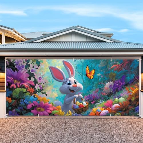 7 * 16FT Summer Garage Door Cover Decorations Sunset Palm Trees Garage Door Banner for Outdoor Indoor Summer Party Photography Backdrop (easter rabbit, 7 * 16 ft) - Image 4