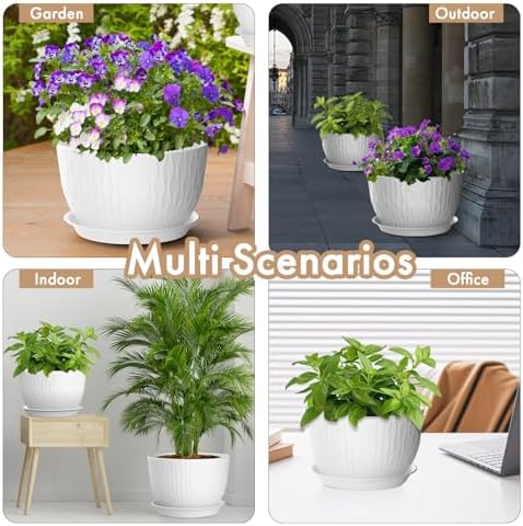 WSMKSZ 12 Inch Large Plant Pots for Indoor or Outdoor Plants, Wide Water Ripples Flower Pots with Drainage Holes & Saucer, Plastic Planters Set for Garden & Home Decor (White) - Image 6