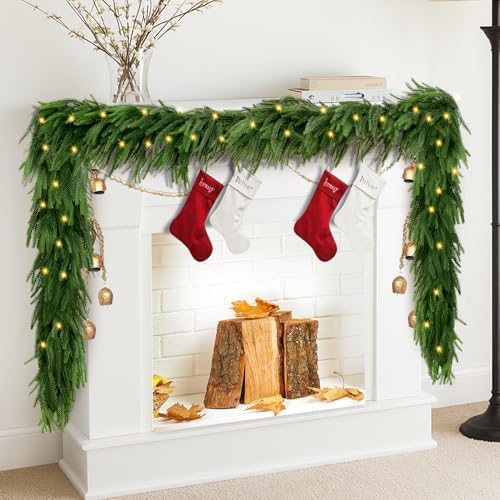 6FT Christmas Garlands Norfolk Pine Garland with 50 LED Lights, Real Touch Artificial Faux Greenery Garland, Realistic Pine Garlands for Table, Mantle, Indoor, Outdoor Christmas Decorations by Mduvoz