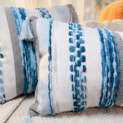 PANOD Chenille Farmhouse Throw Pillow Covers 18 x 18 Blue, Neutral Boucle Couch Pillow Cover, Striped Decorative Boho Coushion Cover Pillow Case for Couch Bed Sofa Bedroom,Modern Accent,Set of 2 - Image 3