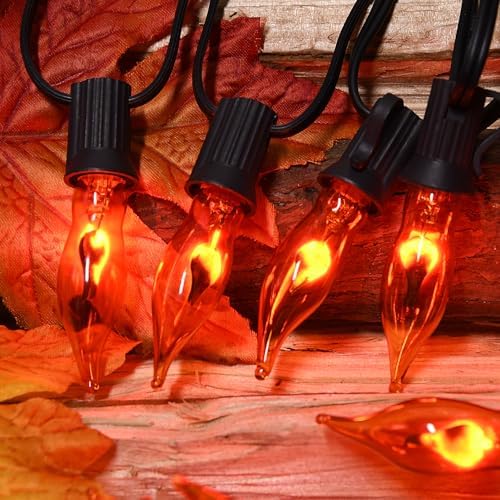 27.8Ft Fall Decor Flickering Flame String Lights Orange Halloween Lights with 25+2 Pack C7 Orange Flame Light Bulbs, Flame String Lights for Fall Halloween Decorations for Home Mantel Party Garden - Image 2
