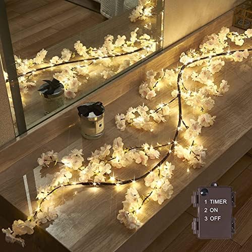 LITBLOOM Cherry Blossom Garland with Lights Battery Operated with Timer 96 Fairy Lights, Lighted Flower Garland 6FT for Mantle Firepalce Wedding Party Decoration Indoor Outdoor by LITBLOOM