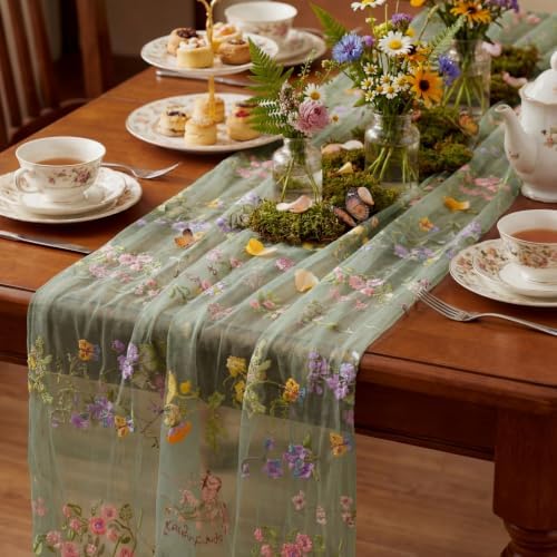 Floral Table Runner 10ft Embroidery Tulle Spring Wildflower Gauze Table Runner Seasonal Summer Butterfly Kitchen Dining Decoration for Wedding Baby Shower Birthday Party(Sage Green,10 Pcs) by Windkream