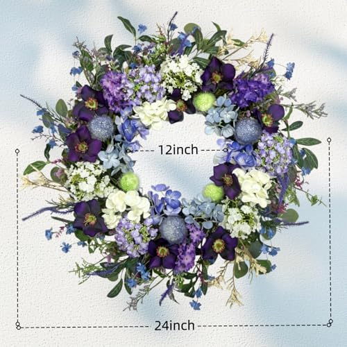 24-Inch Colorful Flower Wreath for Front Door – Hydrangeas, Lavender Wreath, Spring Summer Artificial Wild Flower Greenery Leaves for All Seasons – Farmhouse Home Wall Indoor Outdoor Window Decor - Image 4
