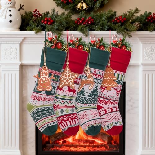 Christmas Stockings 4 Pack, 21 Inch Large Family Christmas Stocking, Red and Green Reindeer Snowman Xmas Stocking for Fireplace,Christmas Decorations - Image 2