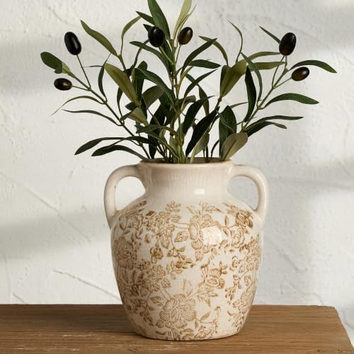 Ceramic Vintage Vase, Utensil Holder, Flower Decorative Vase with Handles, Chinoiserie Decor Rustic Farmhouse Retro Floral Vases for Table Bookshelf Mantel Kitchen Living Room Office - 6.7” Brown 018 - Image 6