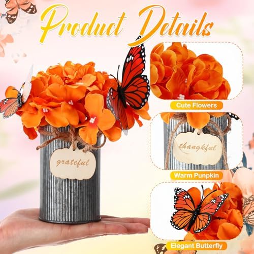 Mimorou 12 Set Fall Thanksgiving Table Centerpiece with Vintage Metal Vases Faux Fall Table Artificial Floral Centerpiece with 3D Butterfly for Autumn Harvest Farmhouse Home Decor (Retro Colors) - Image 3