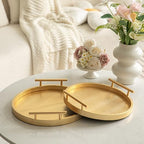 2 Piece Golden Round Serving Tray with Handles, Woven-Texture Faux Leather Ottoman Tray for Living Room, Decorative Tray for Coffee Table Home Decor - Image 3
