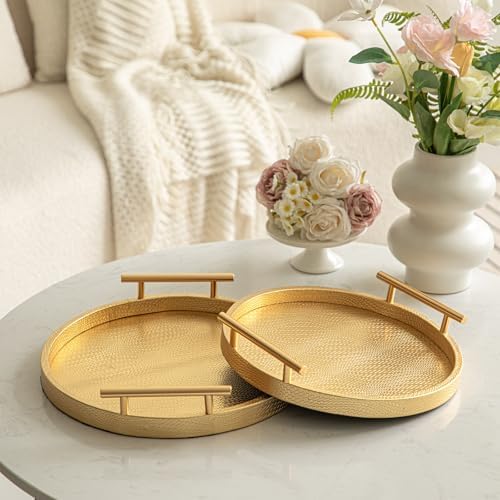 2 Piece Golden Round Serving Tray with Handles, Woven-Texture Faux Leather Ottoman Tray for Living Room, Decorative Tray for Coffee Table Home Decor - Image 3