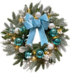 22 Inch Lighted Christmas Wreath with Timer, Blue Bow and Ornaments by Unknown