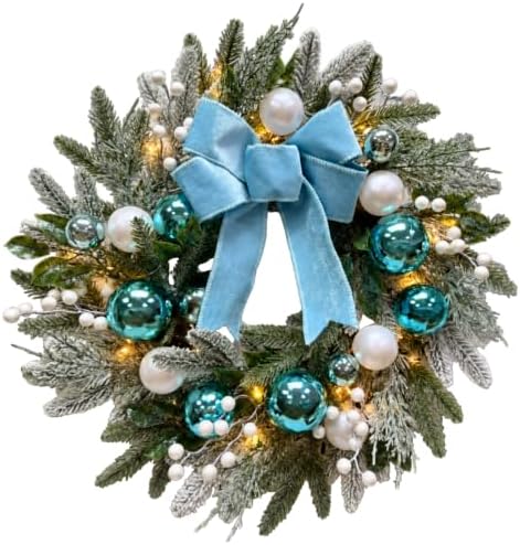 22 Inch Lighted Christmas Wreath with Timer, Blue Bow and Ornaments by Unknown