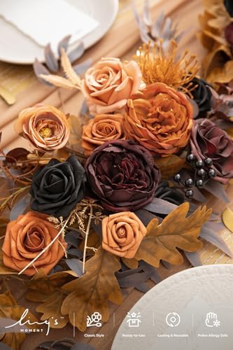 Ling's Moment Flower Garland - 6FT Eucalyptus & Rose - Sweetheart Table Decor for Wedding Reception, Artificial Floral Garland for Mantle, Thanksgiving, Christmas Decoration, Black & Burnt Orange - Image 3