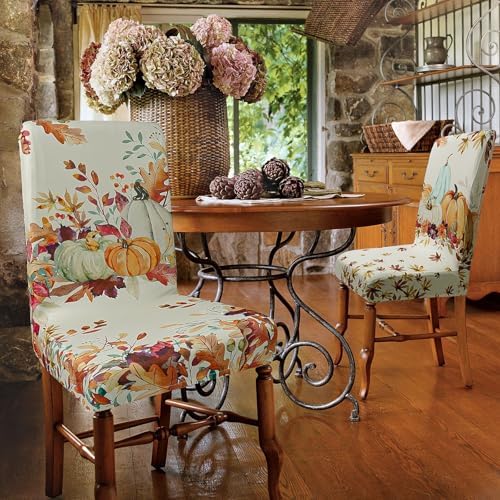 Fall Chair Covers Set of 6 Pumpkin Maple Leaves Stretch Parsons Slipcovers - Image 2
