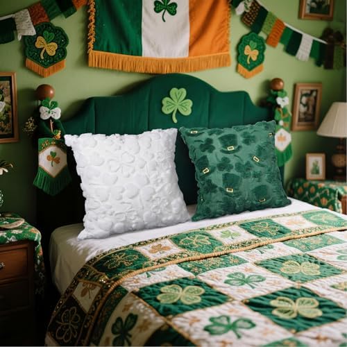 Tiamon 4 Pcs St. Patrick's Day Throw Pillow Covers 18 x 18 Inch 3D Embroidered Plush Green Shamrock Pillow Cases Lucky Clover Fluffy Faux Fur Cushion Covers for Spring Holiday Home Bed Sofa Couch - Image 5
