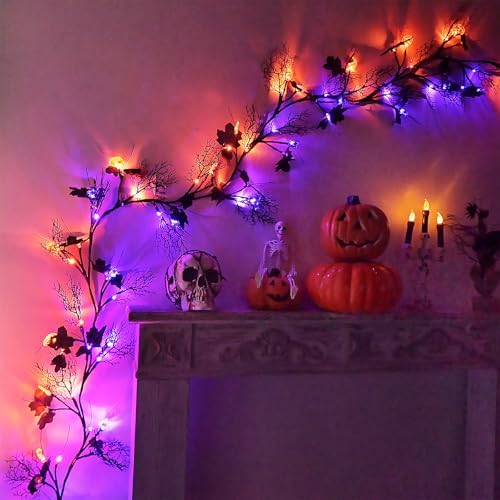 Halloween Garland with Lights 8.86FT 72LED Willow Vine Twig with Timer Black Garland Lights with Orange Pumpkins Purple Spiders and Black Leaves Dead Branches Halloween Decorations Indoor Outdoor by PALONMY