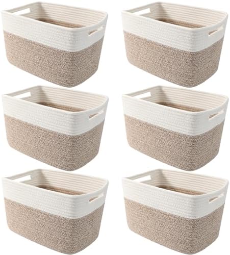 6 Pack Woven Rope Baskets, 12.6"×9"×7.8" Storage Bins, White&Brown by HZFTJOY
