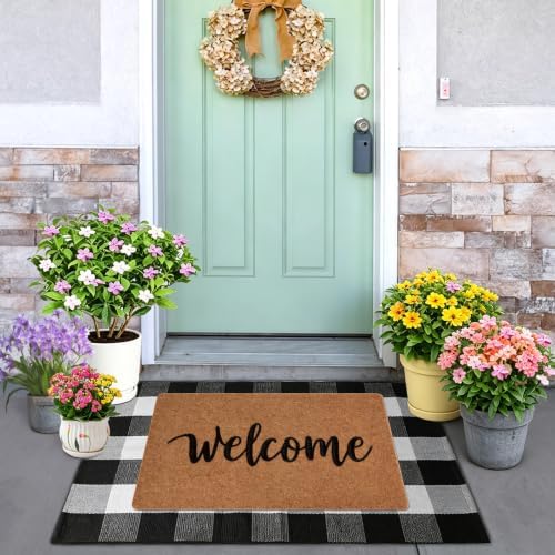 2-Piece Front Door Mat Set, Coir Welcome Mat & Black White Plaid Mat by PIXFAIRY