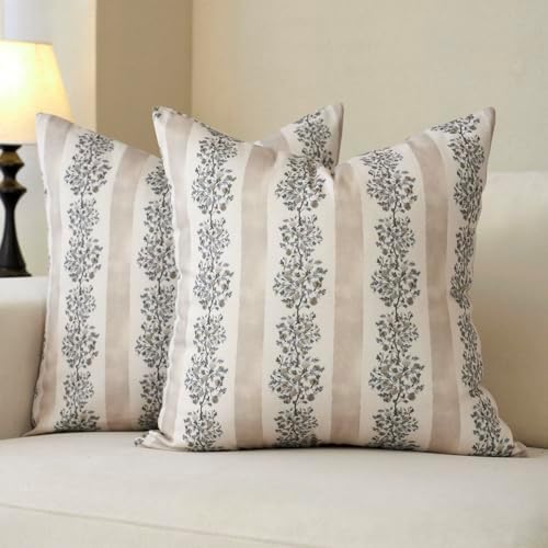 DOMVITUS Floral Throw Pillow Covers 24x24 Inch Set of 2, Block Print Decorative Pillow Covers Vintage Striped Neutral Farmhouse Boho Home Decor for Couch Sofa Bed Living Room, Neutral by Domvitus