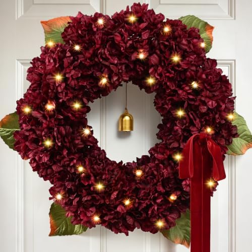 Christmas Wreath -21 Inch Burgundy Hydrangea Artificial Flower Wreath for Front Door, Christmas Wreath with Lights, Ribbon Bell for Home Table Wall Window Indoor Outdoor Christmas Decoration by Waipfaru